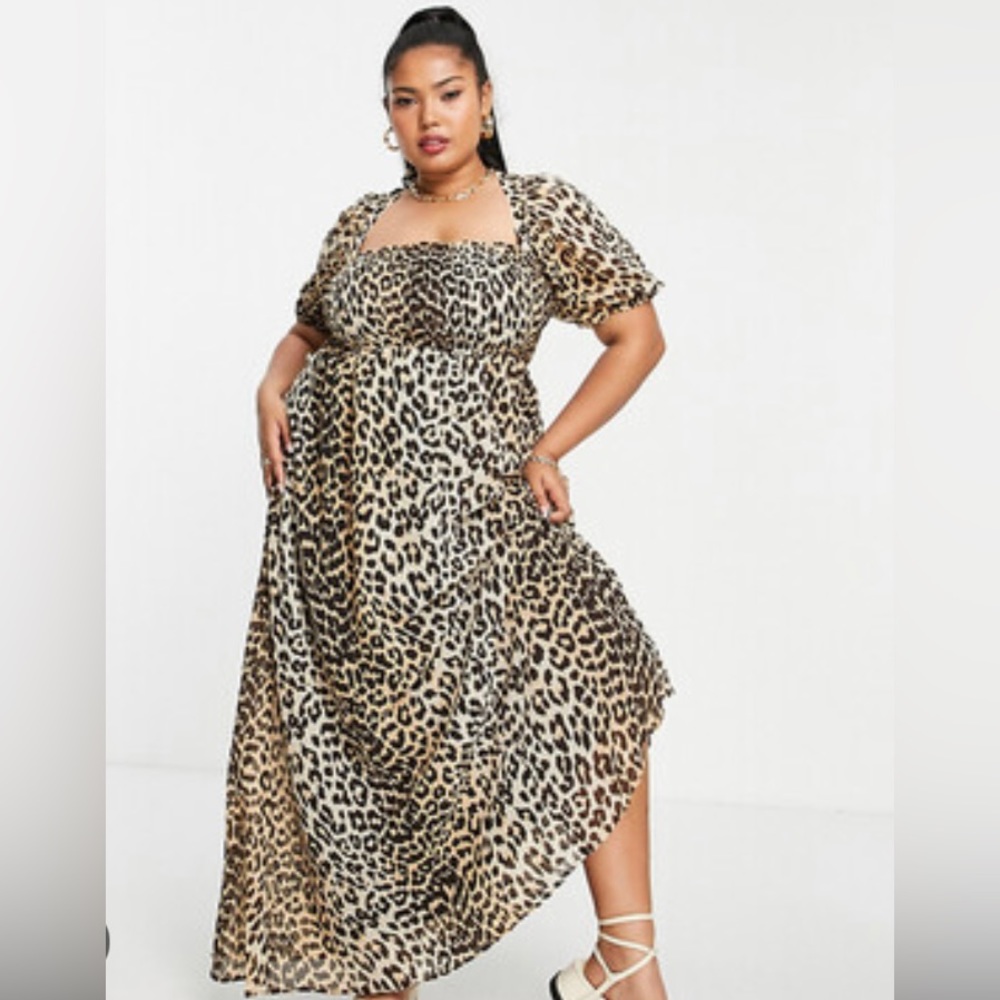 ASOS Design Curve shirred bustier maxi dress w puff sleeve animal print